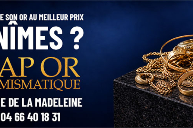 Cap Or Numismatique Nîmes : visuel présentant des bijoux en or, bagues et chaînes, pour le rachat d'or au 15 rue de la Madeleine.